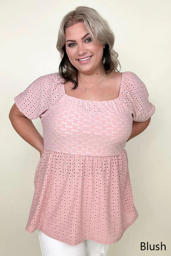 Haptics Babydoll Puff Short Sleeve Eyelet Top Kiwidrop