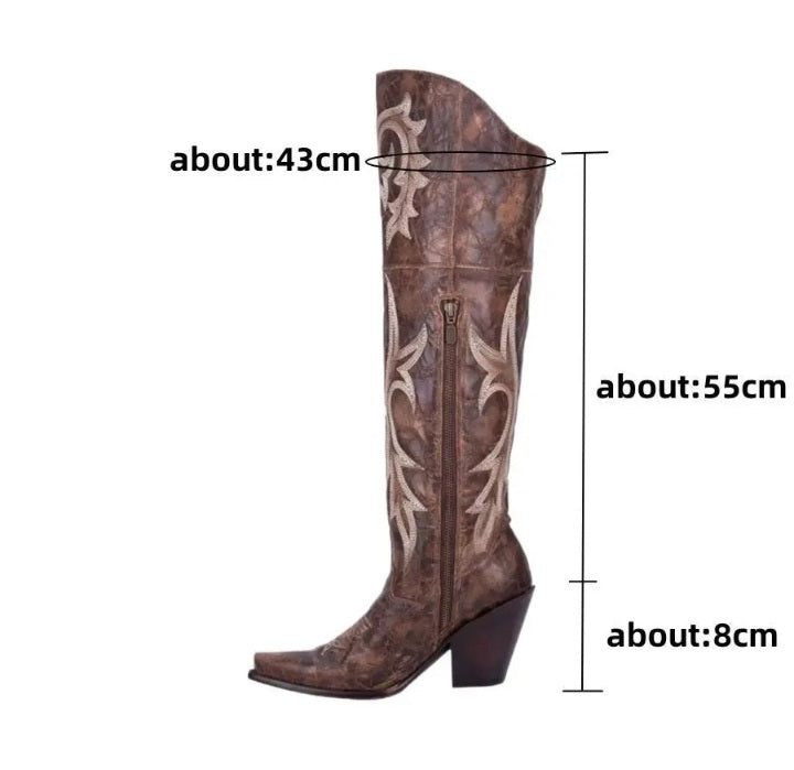 Fashionella Vintage Style Embroidered Knee High Western Boots Fashionella