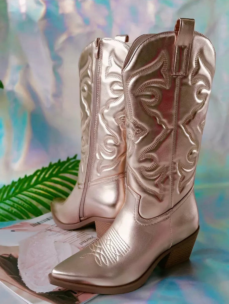 Women Western Mid-Calf Cowboy Metalic Color Embossed Boots Fashionella