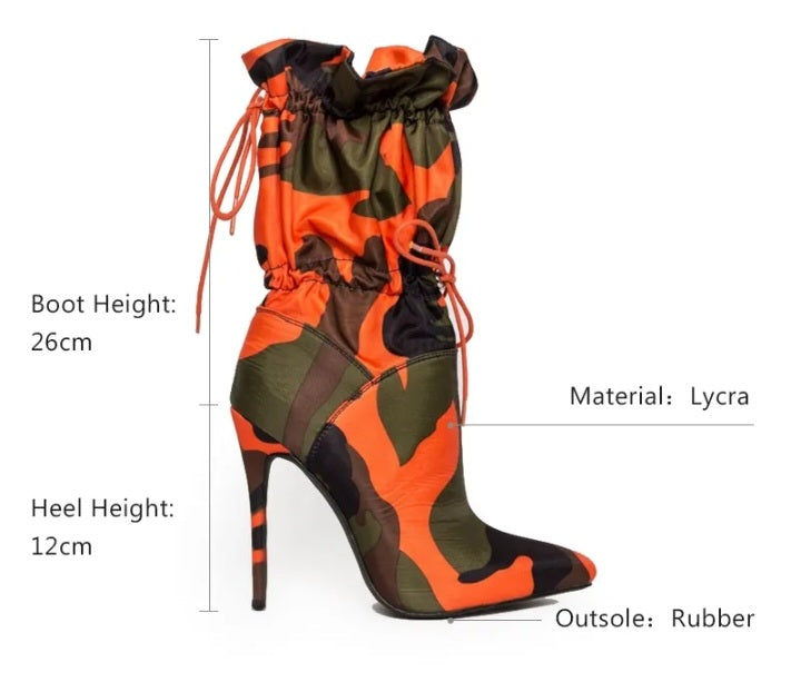 Women's Ankle Boots Camouflage Lace Up High Thin Heels Chic Boots Fashionella