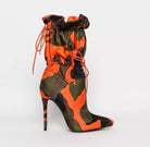 Women's Ankle Boots Camouflage Lace Up High Thin Heels Chic Boots Fashionella