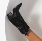 Women's Sequins Western Boots Mid Calf Leather Block Heel Autumn Winter Plus Size Fashionella