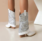 Women's Sequins Western Boots Mid Calf Leather Block Heel Autumn Winter Plus Size Fashionella