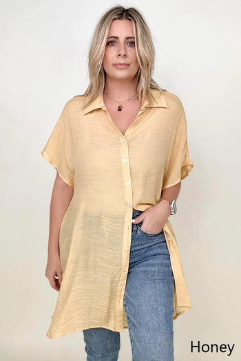 Gigio Solid Button Down Loose Fit Gauzy Tunic Kiwidrop