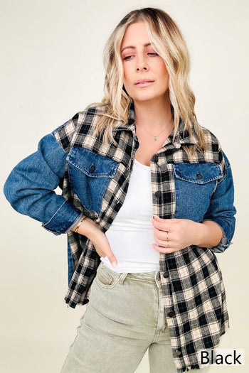 Cotton Bleu Brushed Plaid Denim Jacket Kiwidrop