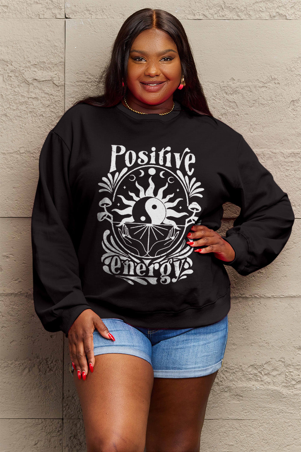 Simply Love Full Size POSITIVE ENERGY Graphic Sweatshirt Trendsi