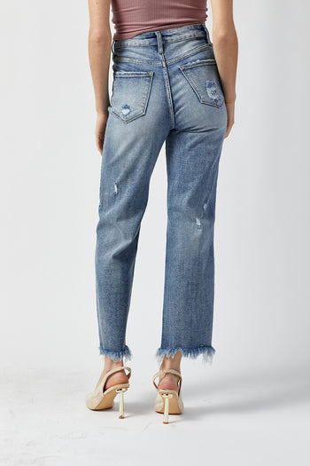 RISEN High Waist Raw Hem Straight Jeans Trendsi