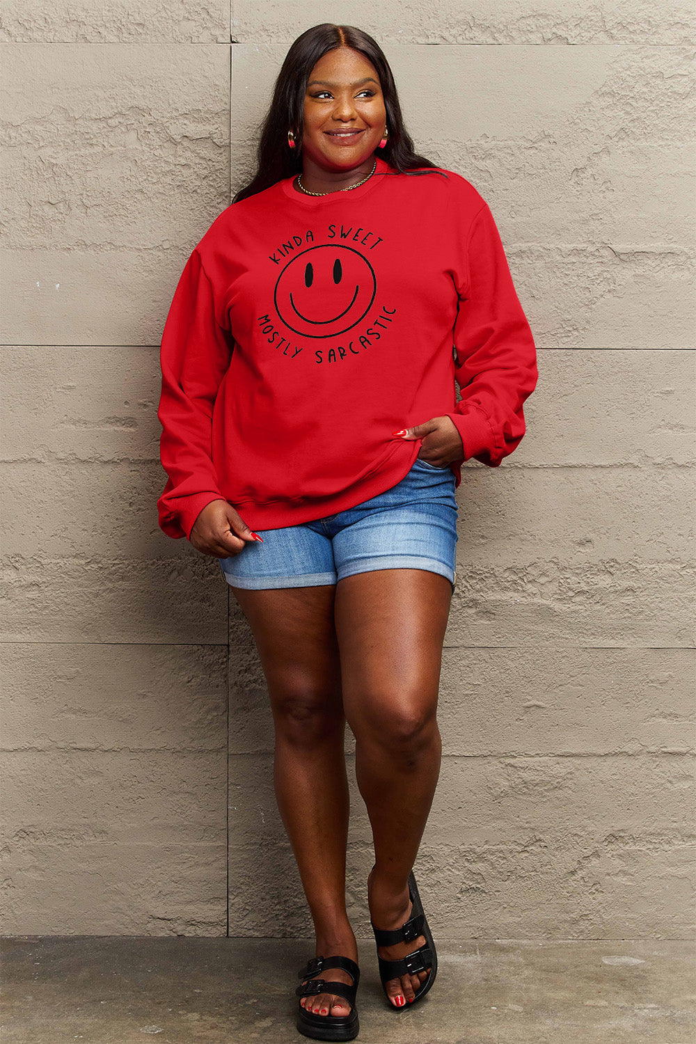 Simply Love Full Size Smiling Face Graphic Sweatshirt Trendsi