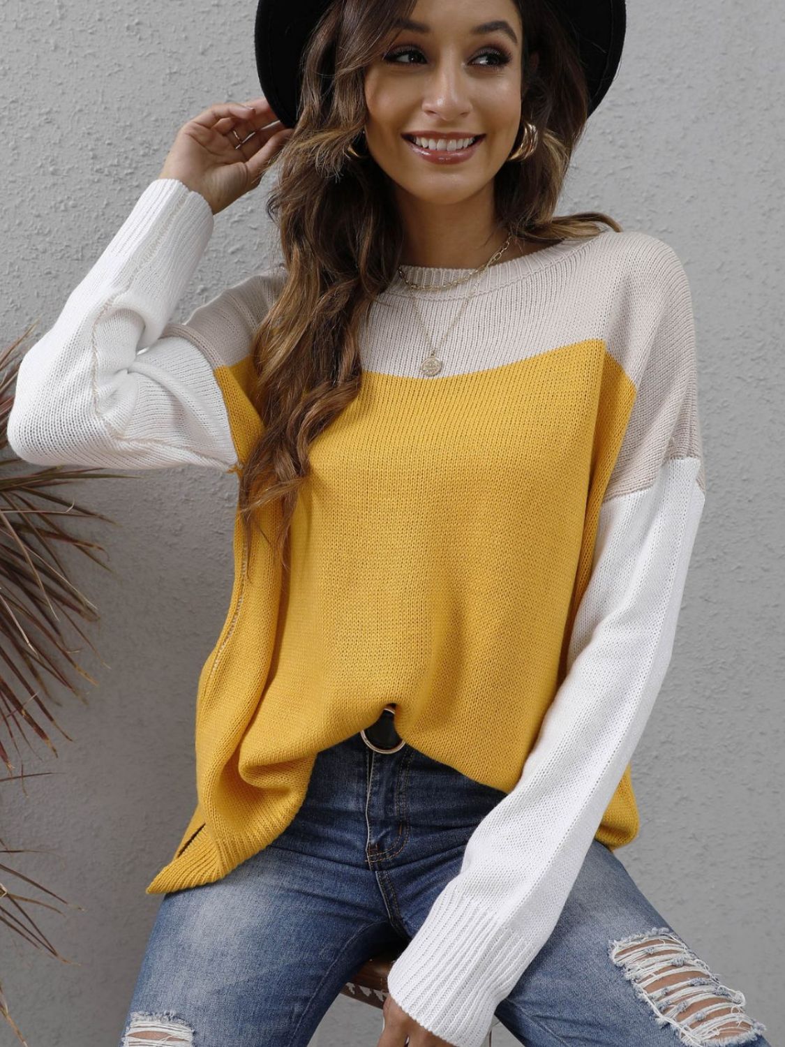 Color Block Round Neck Dropped Shoulder Sweater Trendsi