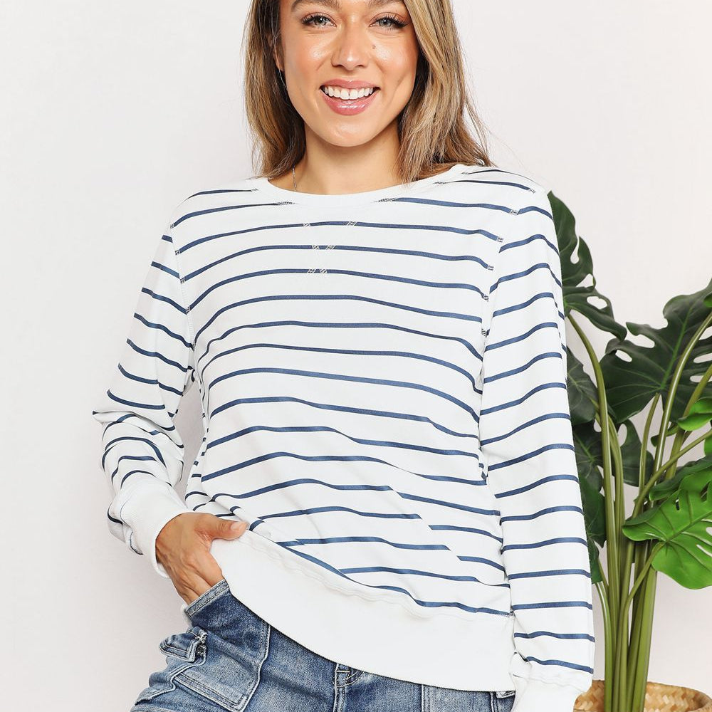 Double Take Striped Long Sleeve Round Neck Top Trendsi