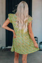 Ruffled Printed V-Neck Cap Sleeve Dress Trendsi