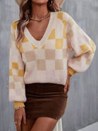 Checkered V-Neck Lantern Sleeve Sweater Trendsi