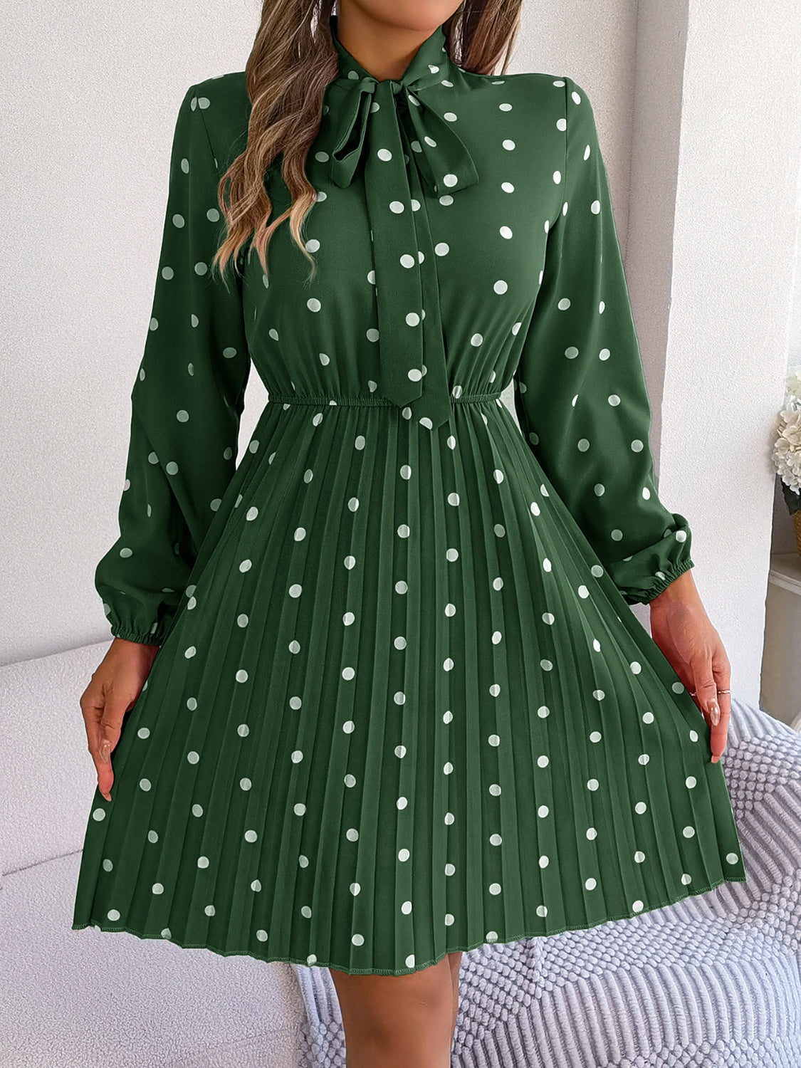 Polka Dot Tie Neck Pleated Dress Trendsi