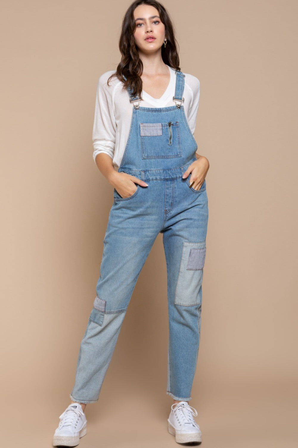 POL Front Chest Zipper Slim Leg Denim Overalls Trendsi