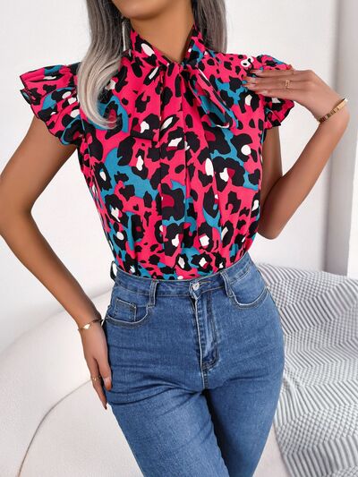 Leopard Tie Neck Cap Sleeve Blouse Trendsi