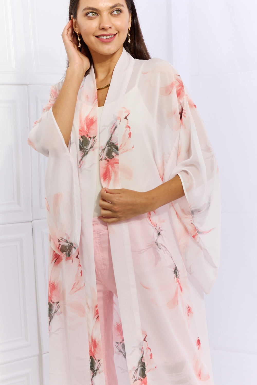 OneTheLand Pick Me Floral Chiffon Kimono Cardigan Trendsi
