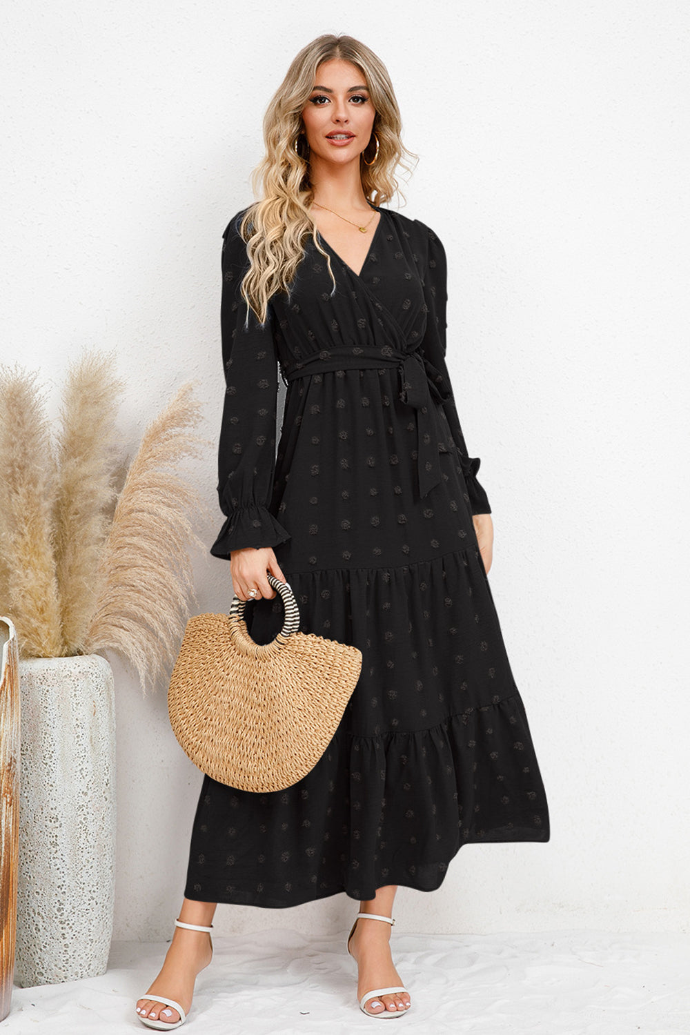 Swiss Dot Tied Surplice Flounce Sleeve Dress Trendsi