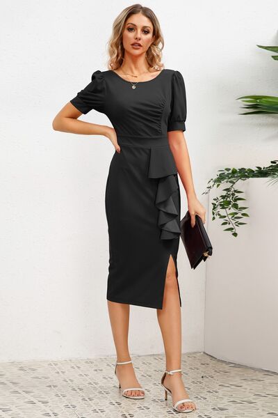 Slit Ruffled Puff Sleeve Midi Dress Trendsi