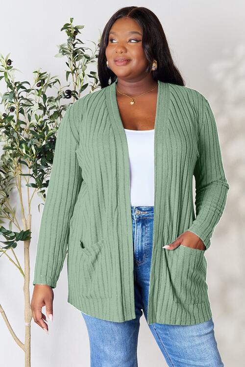 Basic Bae Full Size Ribbed Open Front Cardigan with Pockets Trendsi