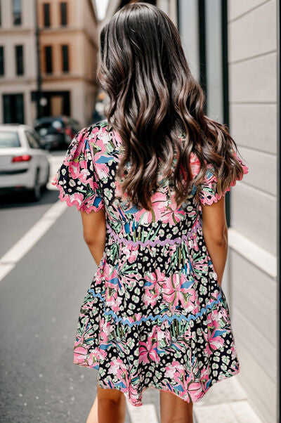 Printed Ruffle Hem Short Sleeve Mini Dress Trendsi