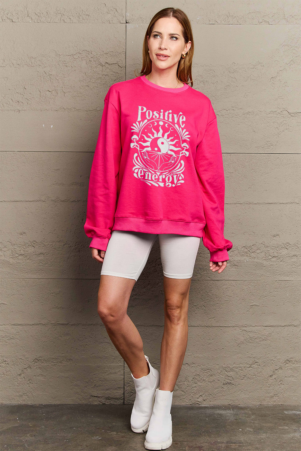 Simply Love Full Size POSITIVE ENERGY Graphic Sweatshirt Trendsi