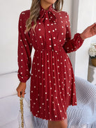 Polka Dot Tie Neck Pleated Dress Trendsi