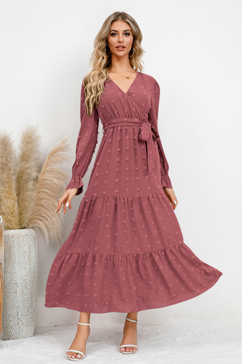 Swiss Dot Tied Surplice Flounce Sleeve Dress Trendsi