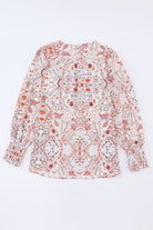 Printed Tie Neck Long Sleeve Blouse Trendsi