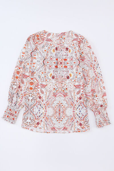 Printed Tie Neck Long Sleeve Blouse Trendsi