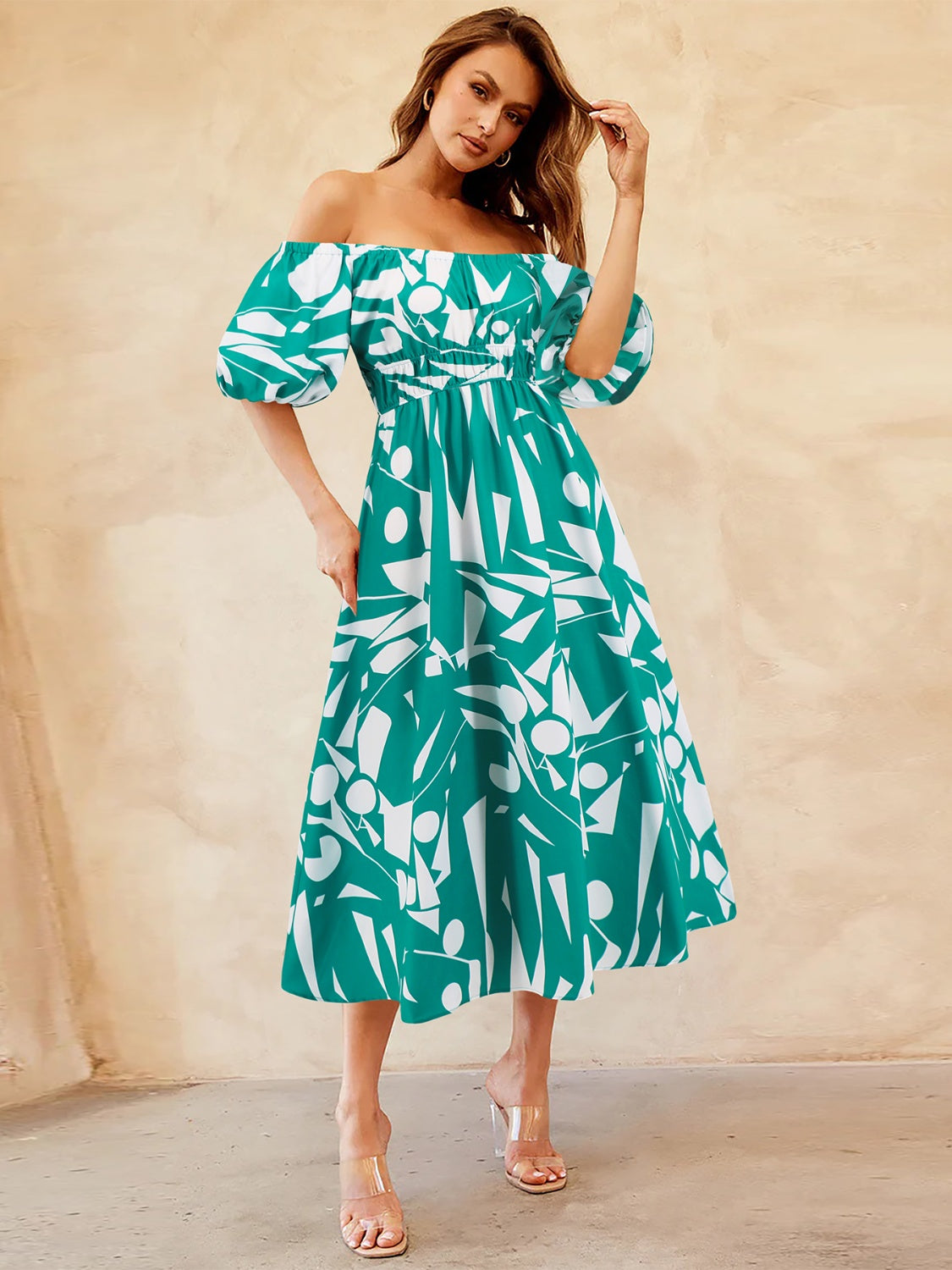 Printed Off-Shoulder Balloon Sleeve Dress Trendsi