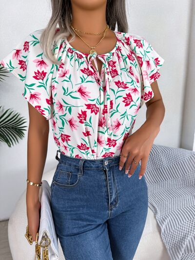 Floral Tie Neck Flutter Sleeve Blouse Trendsi