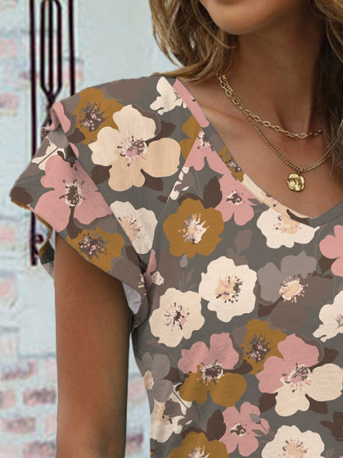 Floral V-Neck Cap Sleeve T-Shirt Trendsi