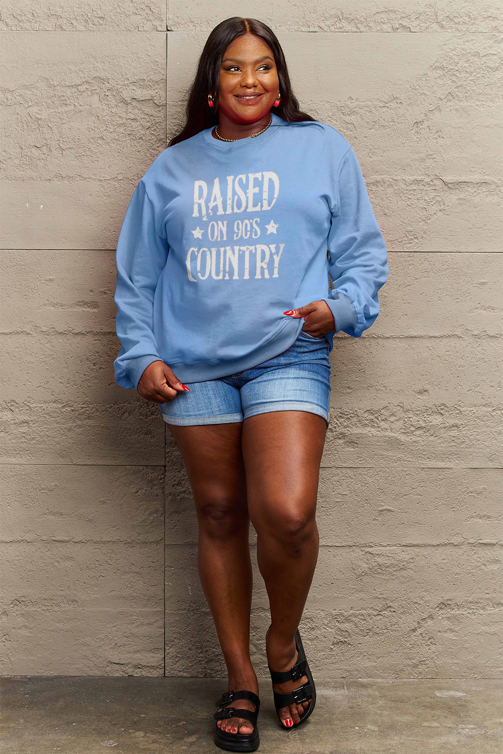 Simply Love Full Size RAISED ON 90'S COUNTRY Graphic Sweatshirt Trendsi