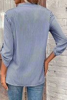 Striped Notched Roll-Tab Sleeve Shirt Trendsi