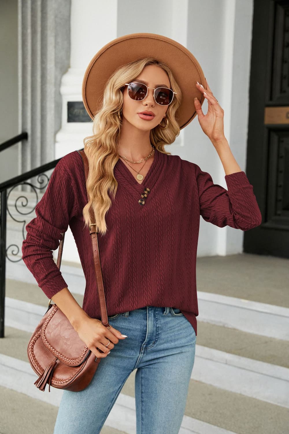 Decorative Button V-Neck Long Sleeve T-Shirt Trendsi