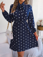 Polka Dot Tie Neck Pleated Dress Trendsi