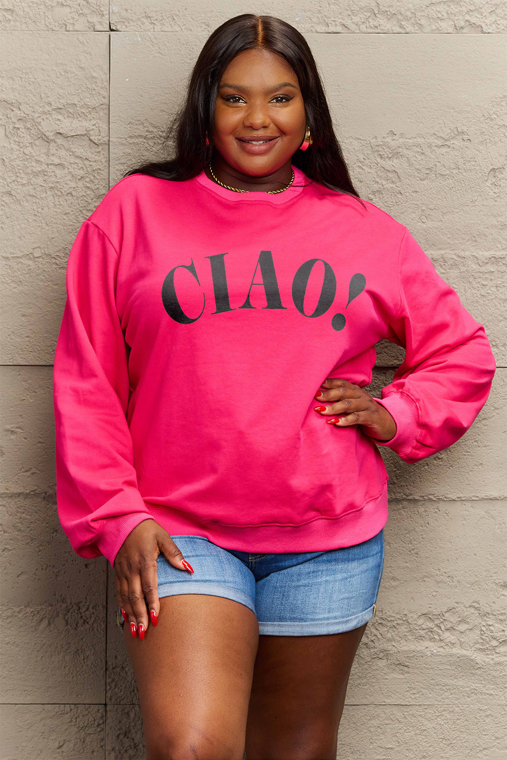 Simply Love Full Size CIAO！Round Neck Sweatshirt Trendsi