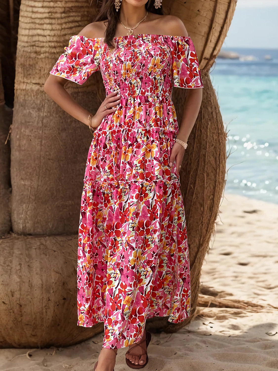 Slit Floral Off-Shoulder Short Sleeve Dress Trendsi