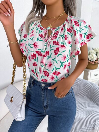 Floral Tie Neck Flutter Sleeve Blouse Trendsi