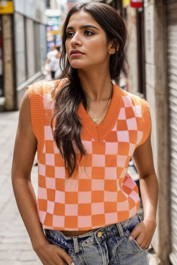 Checkered V-Neck Sweater Vest Trendsi