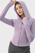 Pocketed Zip Up Hooded Long Sleeve Active Outerwear Trendsi