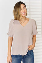 Zenana V-Neck Puff Sleeve Top Trendsi