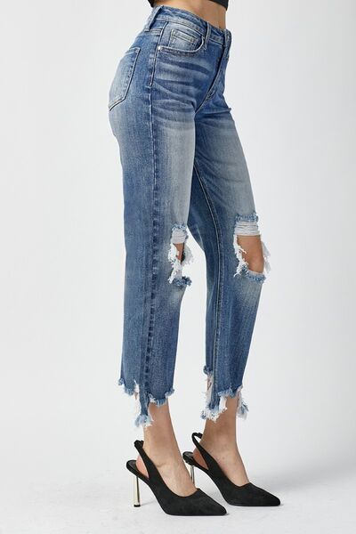 RISEN High Waist Distressed Frayed Hem Cropped Straight Jeans Trendsi