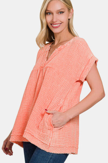 Zenana Washed Raw Hem Short Sleeve Blouse with Pockets Trendsi