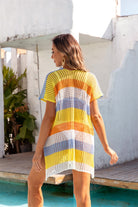 Openwork Striped V-Neck Short Sleeve Cover Up Trendsi