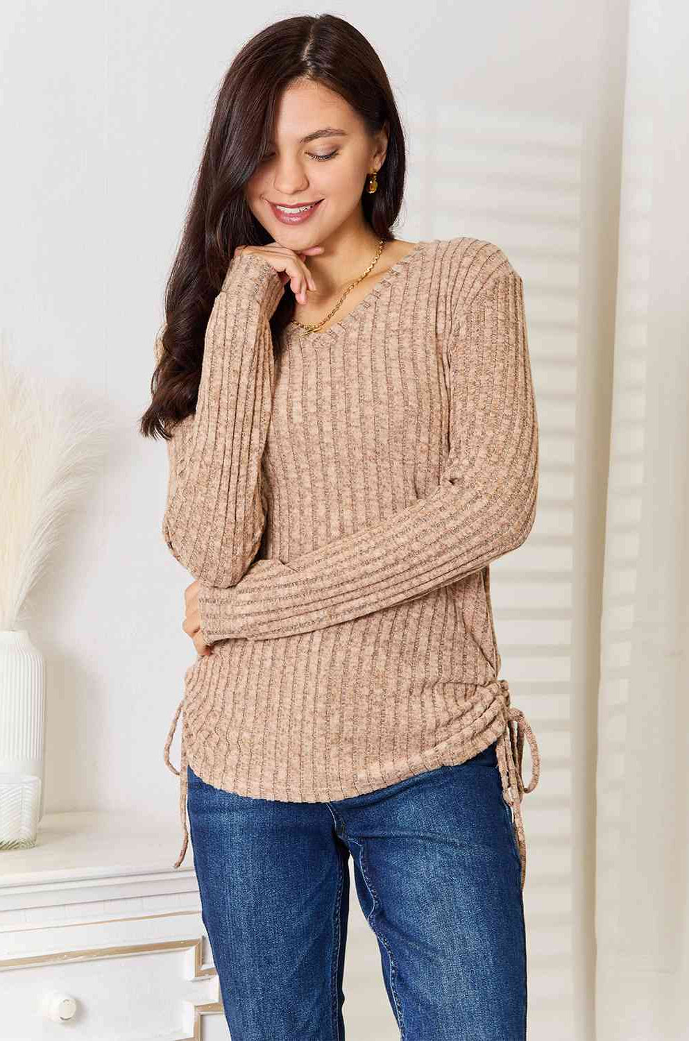 Double Take Drawstring Ribbed Long Sleeve T-Shirt Double Take