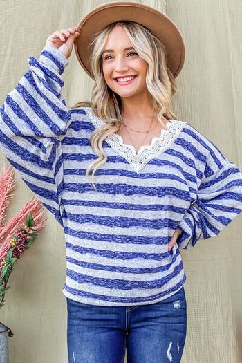 And The Why Striped Lace Detail V Neck Top Trendsi