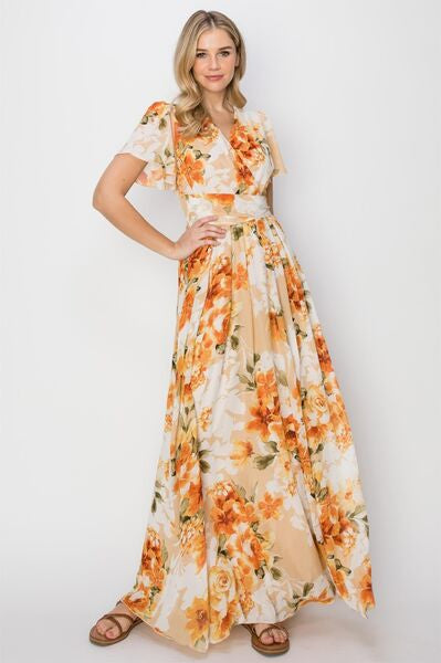 HYFVE Floral Tie Back Short Sleeve Slit Maxi Dress Trendsi