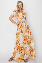 HYFVE Floral Tie Back Short Sleeve Slit Maxi Dress Trendsi