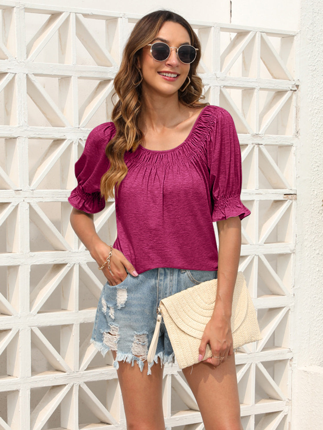 Ruched Short Sleeve Blouse Trendsi